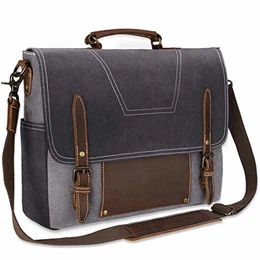 Umhängetasche Herren Aktentasche Laptoptasche Leder wasserdichte Canvas Messenger Bag Arbeitstasche Groß Vintage Schultertasche Notebooktasche 15.6 Zoll Grau