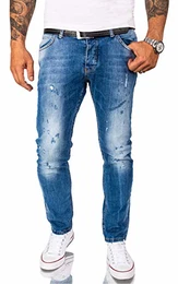 Designer Herren Jeans Hose Stretch Jeanshose Basic Slim Fit Jeans Hosen Denim Used Look Destroyed Herrenhose Elegant RC-2162 Blau W29 L30