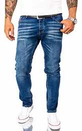 Designer Herren Jeans Hose Stretch Jeanshose Basic Slim Fit Jeans Hosen Denim Used Look Destroyed Herrenhose Elegant RC-2166 Blau W32 L32