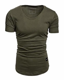 Oversize Herren Slim-Fit V-Neck Basic Sommer T-Shirt V-Ausschnitt R-0004 Khaki M