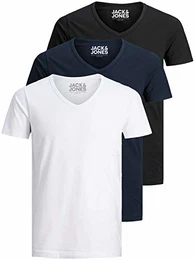 Jack and Jones Herren T-Shirt Basic V-Ausschnitt 3er Pack Einfarbig Slim Fit in Weiß Schwarz Blau Grau (Farb Mix 2, M)