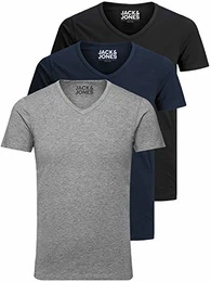Jack and Jones Herren T-Shirt Basic V-Ausschnitt 3er Pack Einfarbig Slim Fit in Weiß Schwarz Blau Grau (Farb Mix 3, M)