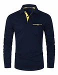 GHYUGR Herren Poloshirt Langarm Kontrast Tasche Polohemd T-Shirt Basic Polo Blau