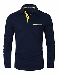 GHYUGR Herren Poloshirt Langarm Kontrast Tasche Polohemd T-Shirt Basic Polo Blau