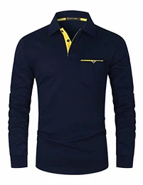 GHYUGR Herren Poloshirt Langarm Kontrast Tasche Polohemd T-Shirt Basic Polo S-2XL,Blau,M