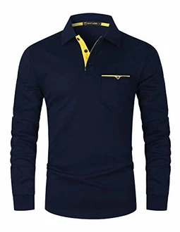 GHYUGR Herren Poloshirt Langarm Kontrast Tasche Polohemd T-Shirt Basic Polo Blau