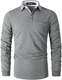 Poloshirt Herren Klassischer Karierter Spleiß Langarm Slim Fit Tennis Polo Shirts Baumwolle Polohemd,Grau,M