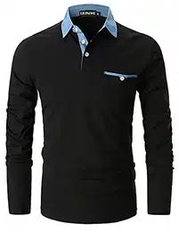 Poloshirt Herren Langarm Golf T-Shirt Einfarbig Slim Fit Denim Polo Shirts Baumwolle Polohemd,Schwarz,M