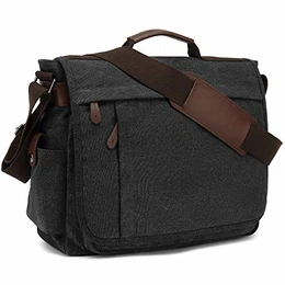 Umhängetaschen Herren aus Canvas Schultasche Queformat A4 Laptoptasche für 15,6 Zoll Laptop Arbeitstasche Aktentasche groß (Schwarz)