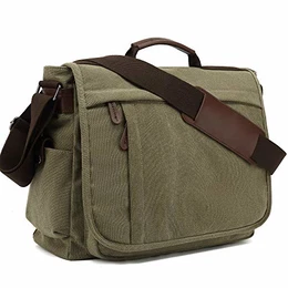 Umhängetaschen Herren aus Canvas Schultasche Queformat A4 Laptoptasche für 15,6 Zoll Laptop Arbeitstasche Aktentasche groß (Khaki)
