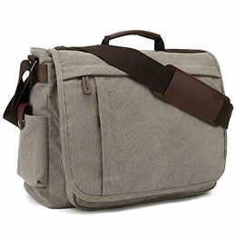 Umhängetaschen Herren aus Canvas Schultasche Queformat A4 Laptoptasche für 15,6 Zoll Laptop Arbeitstasche Aktentasche groß (Grau)
