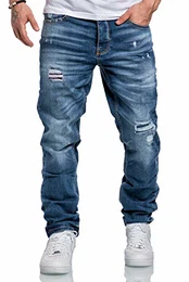 Herren Jeans Regular Straight Fit Denim Hose Destroyed 7984 Hellblau (Patches) W32/L30