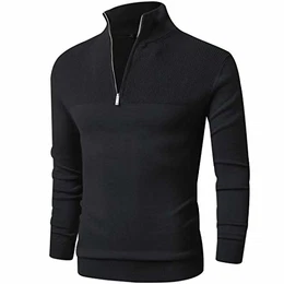 Rave on Friday Herren Pullover Schwarz Winter Stehkragen Einfarbig Strickpullover Zip Neck Langarm Feinstrick Sweater mit Reißverschluss M