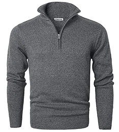 Herren Pullover Reißverschluss Stehkragen Zip Neck Langarm Baumwolle Feinstrick Pullover Sweatshirt Dunkelgrau M