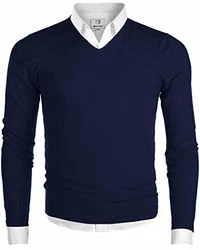 MOCOTONO Herren Pullover V-Ausschnitt Langarmshirt Strickpullover Marineblau