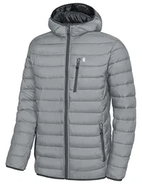 Men's Packable Lightweight Puffer Jacket Hooded Windproof Winter Coat with Recycled Insulation Light Grey M
