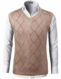 Herren Pullunder Strickweste Ärmellos V-Ausschnitt kariert Knitted Vest Slim Fit Strick Weste für Männer Khaki M