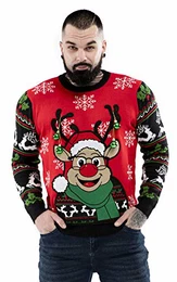 Herren Weihnachtspullover Unisex Hässliche Pulli Lustig Strickpullover Ugly Weihnachtspulli - Rentier & Weihnachtsmann & Schneemann,Happy Rudy Says Hi,L