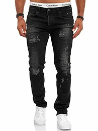 OneRedox Designer Herren Jeans Hose Slim Fit Jeanshose Destroyed Stretch Modell 701 Schwarz 32