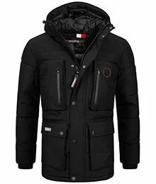 Herren Winterjacke Parka Jacke Kapuze Hoodstrings Chest, Pocket & Sleeve Patch, schwarz, Gr:L