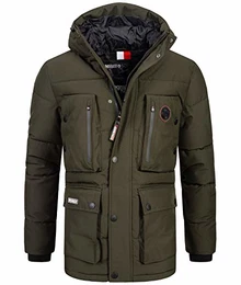Herren Winterjacke Parka Jacke Kapuze Hoodstrings Chest, Pocket & Sleeve Patch, kaki, Gr:M