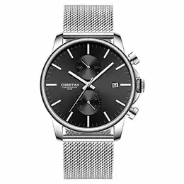 Herren-Armbanduhr, modisch, sportlich, Quarz, analog, schwarzes Mesh, Edelstahl, wasserdicht, Chronograph, automatische Datumsanzeige (Silber schwarz)