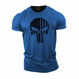 , Bodybuilding-T-Shirt für Herren – Schädel mit US-Flagge – Trainings-Top Gr. M, königsblau