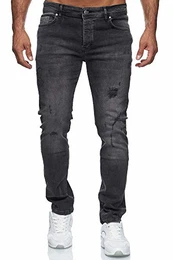 Jeans Herren Destroyed Look Slim Fit Denim Strech Jeans-Hose RS-2062 (W32 / L32, Schwarz (2090))