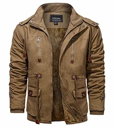 Herrenjacke Winter Warm Gefüttert Fleece Jacke Jagdjacke Militär Bekleidung mit Abtrennbarer Kapuze Männer Herbstjacke Feldjacke Thermo Windjacke Khaki M