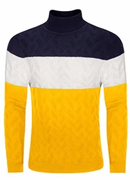 KEFITEVD Rollkragenpullover Herren Gestreift Outdoor Arbeitspullover Winter Hoher Kragen Herrenpullover Männer Strick Oberteil Freizeit Bekleidung Stretch Pulli Navy-Weiß-Gelb M