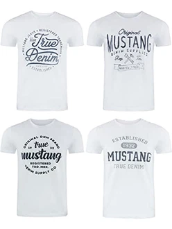 MUSTANG Herren T-Shirt 4er Pack Frontprint O-Neck Rundhalsausschnitt Kurzarm Regular Tee Shirt (P10) Schwarz/Weiß/Grau/Blau/Grün
