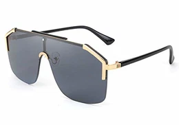 FEISEDY Classic Großer Rahmen Schild Sonnenbrille UV400 Schutz Flat Top Brille für Damen Herren B2634,Goldene Halbrahmen/Graue Linsen