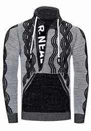 Kapuzenpullover Stehkragen Strick Rusty Neal Pullover Kapuze Zipper Kontrast Auffällig Blickfang Extravagant 360/362 / 328, Größe:M, Knitwear:Schwarz/Weiß 360