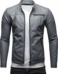 Vego Herren Eco-Lederjacke Cleane Leichte Slim Fit Basic Jacke Vegan (M, Silbergrau (Ecoleder))