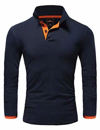 Herren Poloshirt Basic Kontrast Langarm Polohemd Shirt 5201 Navyblau/Orange M