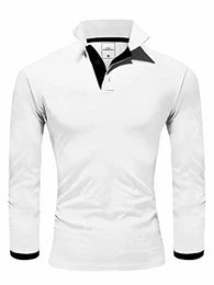 Herren Poloshirt Basic Kontrast Langarm Polohemd Shirt 5201 Weiß/Schwarz S