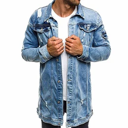 Herren Jeansjacke Lange Biker Style Herbst Jeans Jacket Denim Jacke Frühlings- Übergangsjacke Jeans Destroyed Vintage Used-Look mit Patches Herren Mode Mantel Jeansjacke Talliert Denim Jacket M