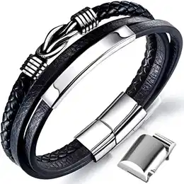 Männer Armband Leder Armreif schwarz Lederband für Herren, geflochten Echtleder Breites Lerderarmband Wickelarmband mit Magnet Verschluss Weihnachtsgeschenke für Männer