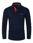 GHYUGR Herren Poloshirt Langarm Kontrast Tasche Polohemd T-Shirt Basic Polo Blau