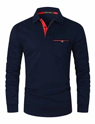 GHYUGR Herren Poloshirt Langarm Kontrast Tasche Polohemd T-Shirt Basic Polo Blau