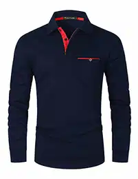 Herren Poloshirt Langarm Kontrast Tasche Polohemd T-Shirt Basic Polo S-2XL (M, Blau 1)