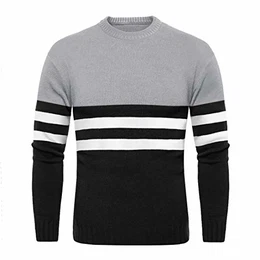 Strickpullover Herren Warm Vintage Winterpullover Rundhals Outdoor Pullover mit Streifen Muster Männer Arbeitspullover Jagd Work Strick Pullis Winter Grau M