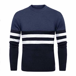 Winter Pullover Herren Rundhals mit Streifen Pulli Sommer Herbst Übergangs Pullover Warm Weich Strickpullover Baumwolle Norweger Arbeitspullover Denimblau M