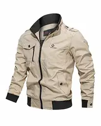 Herren Übergangsjacke Leicht Winter Jacke Herbstjacke Stehkragen Bomberjacke Baumwolle Army Feldjacke Cargo Jacke Männer Blouson Windbreaker Khaki S