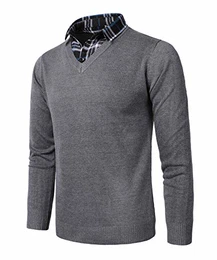 KTWOLEN Herren 2 in 1 Hemd Kragen Langarm Strickpullover V-Ausschnitt Pullover mit Hemdkragen Mock Hemd Strickjacke Einfarbig (Dunkelgrau, M)