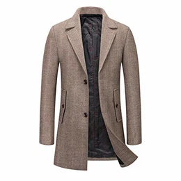 Men''''s Herringbone Wool Coats Slim Fit Padded Winter Trench Coat 2 Button Plaid Coat