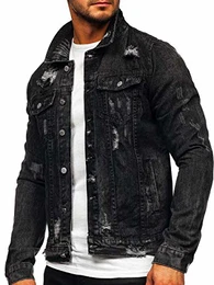 Herren Übergangsjacke Jeansjacke mit Reverskragen Trucker Jacket Freizeitjacke Denim Vintage Classic M.SARA AK588 Schwarz M [4D4]