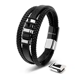 Lederarmband für Männer 17cm Schwarz Silber Herren-Armband Leder-Armreif Herren-Lederband Herrenarmreif Armschmuck Leder-Schmuck Herren-Schmuck Armkette Flecht-Armband Leder-Wickelarmband