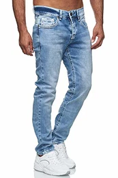 Herren Jeanshose Dicke Naht Straight Fit Denim Neon Naht Stone Washed Stretch Jeans Hose, Farbe:9574 Hellblau, Hosengröße:W32/L32