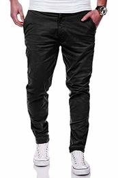 Herren Basic Chino Jeans-Hose Stretch Chinohose Regular Slim-Fit C-3001 [Schwarz, W32/L32]